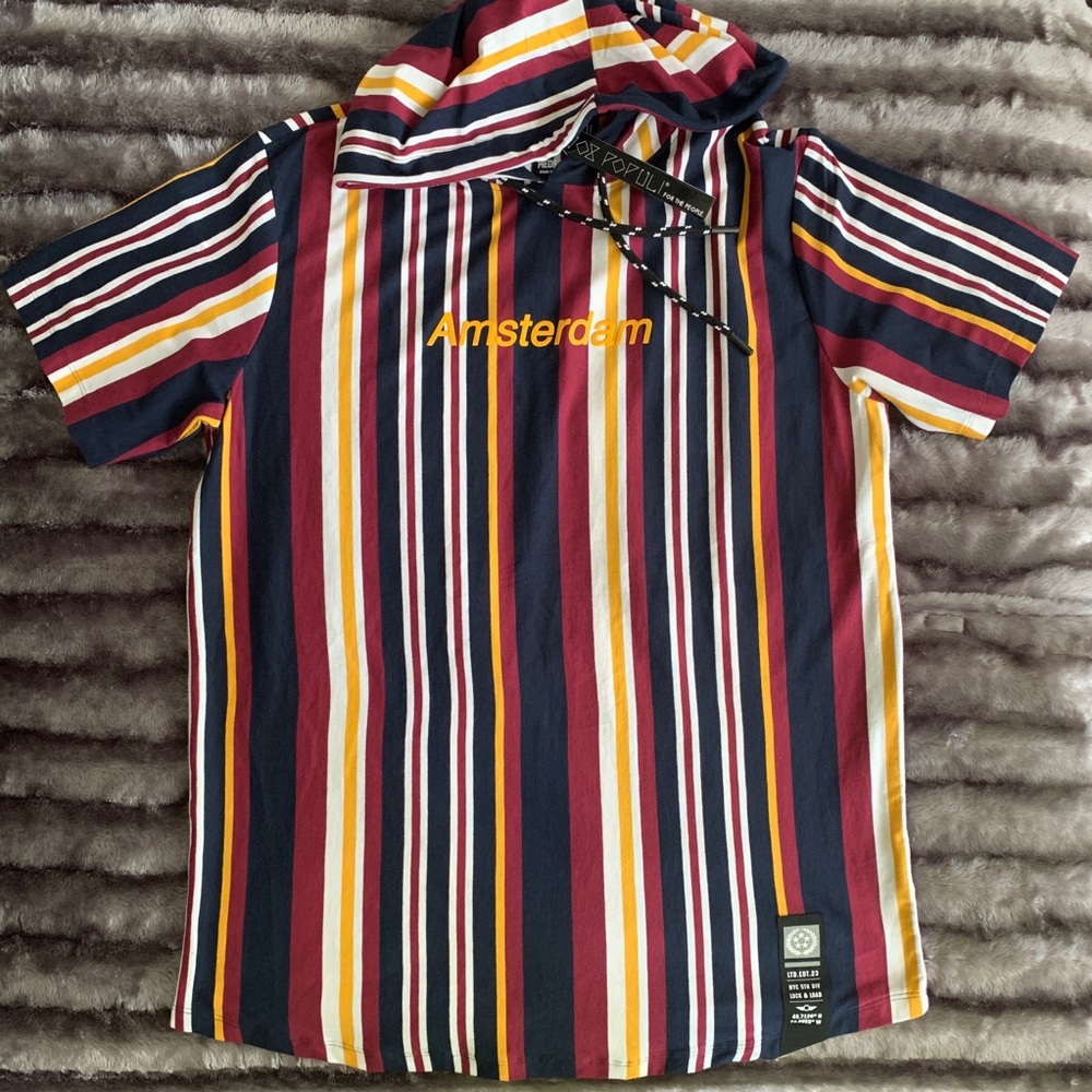 Multi color striped hooded short sleeve tee